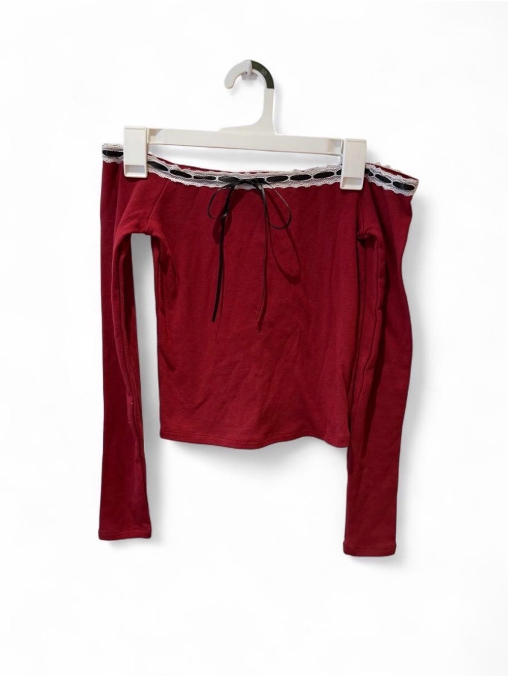 Madden Girl Burgundy Off-Shoulder Lace Trim Long Sleeve Top